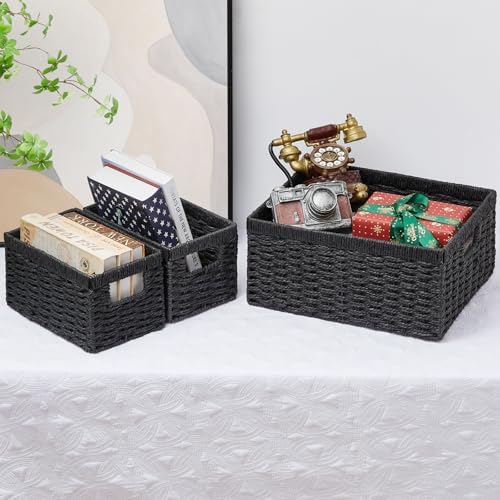 Vagusicc Wicker Storage Basket, Set of 3 Wicker Basket, Hand-Woven Paper Rope Storage Baskets for Organizing, Large Cube