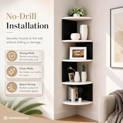 No-Drill Corner Shelf Wall Mount, 5-Tier Floating Corner Bookshelf with Hooks, Space-Saving Zigzag Plant Shelf for Bedro