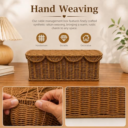 Handmade Rattan Cable Management Box with Lid, Cord Hider Organizer Box with 2 Open Side Slots for Power Strip, Router, 