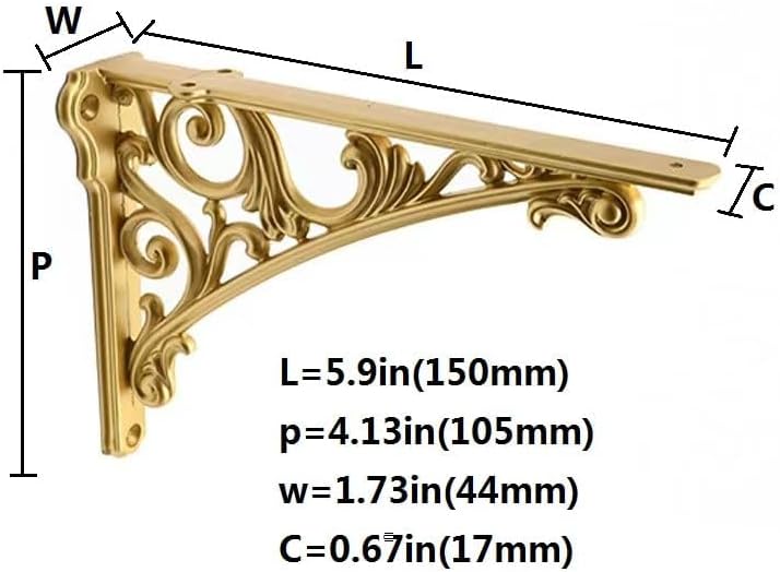 Decorative Shelf Bracket 6 inch, Gold Decorative Brackets for Shelving, Heavy Duty Vintage, DIY Projects, Hardware Inclu