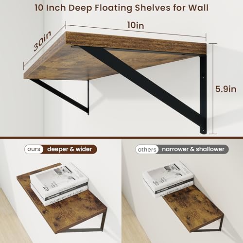 Axeman 30 Inch Floating Shelves, 10 Inch Deep Brown Wall Shelves Set of 2