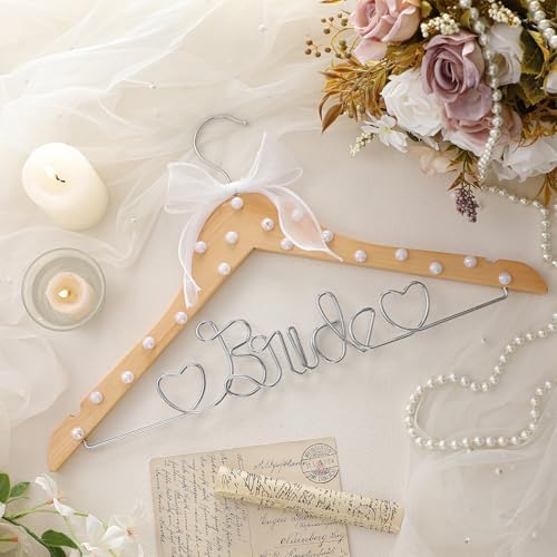 Honeydak Wood Bridal Hanger for Wedding Dress,Natural Silver,Pearl
