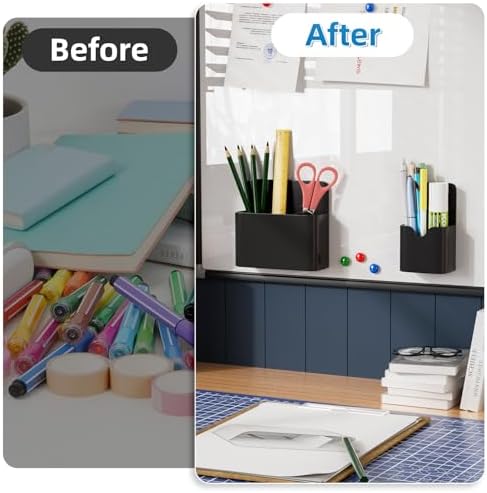 Magnetic Pen and Eraser Holder for Whiteboard, Dry Erase Marker Holder, Magnet Pencil Cup Utility Storage Organizer for Office, Refrigerator, Locker and Metal Cabinets (Black)
