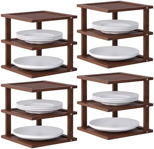 4 Pack Bamboo Corner Shelf,3 Tier Kitchen Cabinet Organizer for Plates and Dishes,Pantry Storage and Spice Rack（Brown）