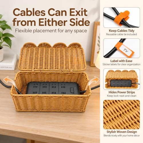 Rattan-Style Cable Management Box, Router Box Hider with 80 Accessories