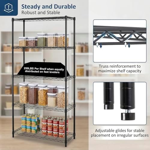 Dkeli 5-Tier Adjustable Heavy Duty Metal Storage Shelves, 250 Capacity Per Shelf, 36" X 14" X 72" Wire Shelving Unit Rac