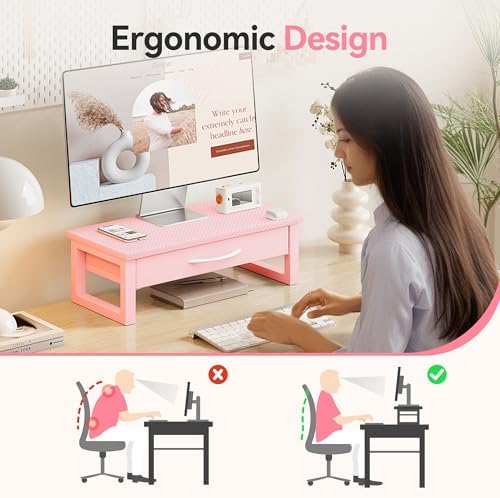 Desk Organizers and Accessories, Computer Monitor Stand Riser with Fabric Drawer, 2-Tier Laptop Stand for Desk, Office O