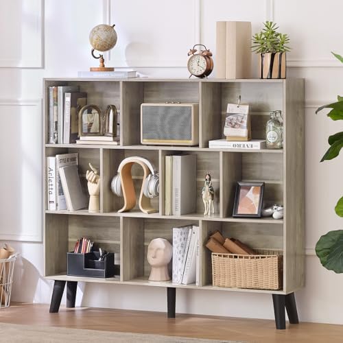 LEYAOYAO 10 Cube Bookshelf,Mid-Century Modern Bookcase with Legs,Retro Grey