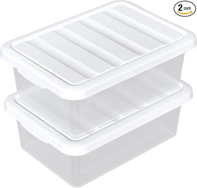 14 Quart Plastic Stackable Storage Box, Clear Latching Bin with White Lid, 2 Pack