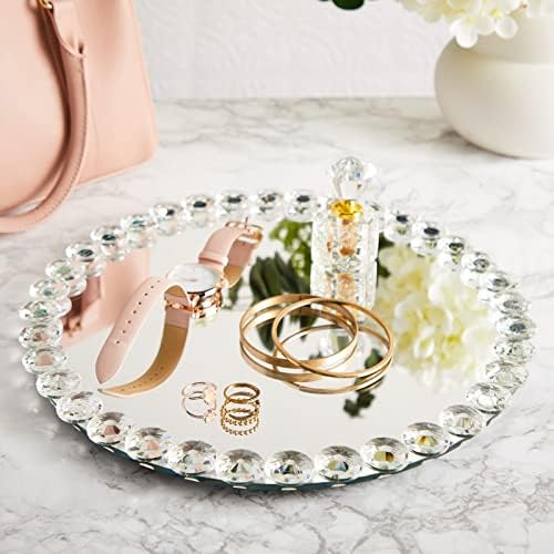 Okuna Outpost Crystal Bead Round Mirror Tray for Bathroom Decor - 12-inch, Silver, Modern - Perfume Organizer & Jewelry 