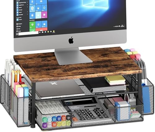 OPNICE Desk Organizer and Accessories, 2-Tier Computer Monitor Stand Riser with Drawer and 2 Pen Holders, Laptop Stand, 