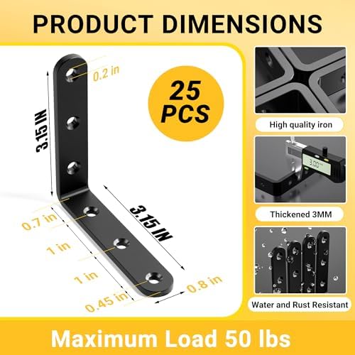 25Pcs Black Angle Brackets 3”x 3” Heavy Duty Corner Bracket 3MM for Wood
