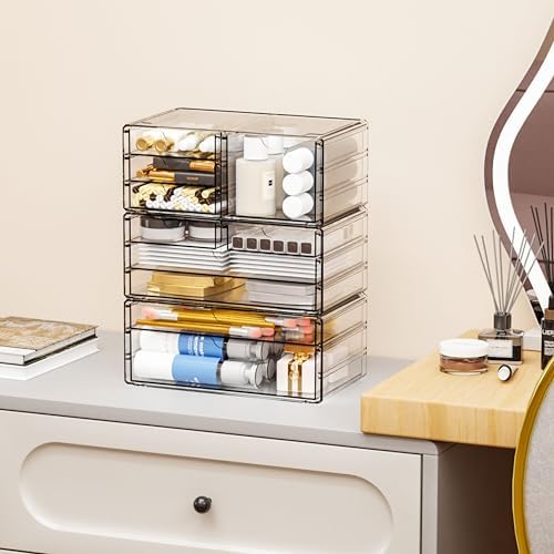 Yieach 3 Pack Clear Storage Drawers With 10 Drawers,Stackable 11.1” Large Acrylic Drawer Organizer and Makeup Organizer 
