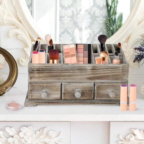 Besti Rustic Vanity Organizer for Cosmetics, Makeup, and Bathroom Accessories, Wooden Farmhouse Storage Box with 3 Drawe