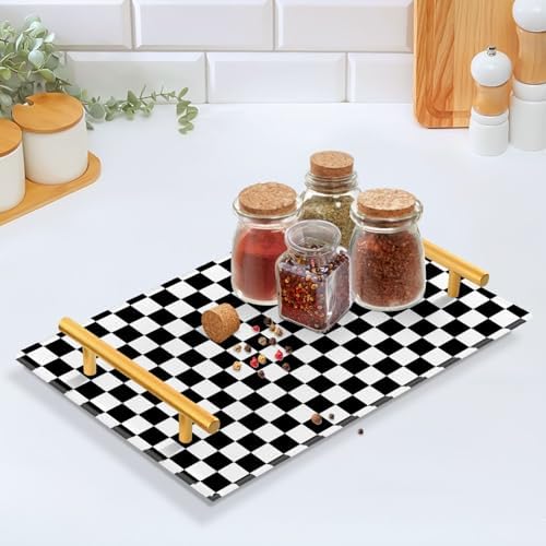 Vanity Tray for Bathroom Countertop Black White Checkered Pattern Decorative Kitchen Coffee Trays Acrylic Jewelry Perfum