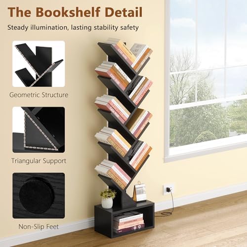 Hoctieon 9 Tier Tree Bookshelf, Tall Bookcase, Freestanding Book Shelf with LED Lights, Display Floor Standing Storage S