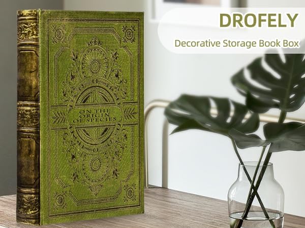 Vintage Style Olive Green Faux Leather Embossed Book Box - Decorative Storage Box 3-03