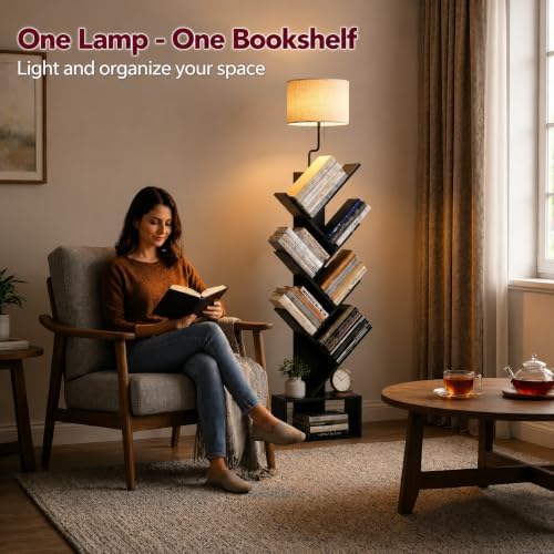 XBurmo 6 Tier Tree Bookshelf with Lights - Small Bookcase, Compact Book Tower with Drawer, Corner Bookshelf for Bedroom,