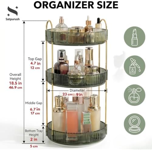 360° Rotating Makeup Organizer, 3 Tier Spinning Cosmetic Organizer for Vanity & Bathroom Countertop, Holds Tall Skincare