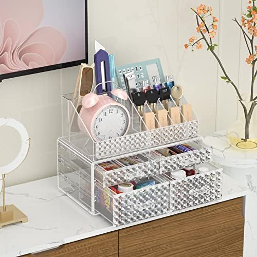 Awenia 2 Pack Makeup Organizer with Drawers[Upgraded]-Acrylic Make up Organizers and Storage Case for Cosmetics,Brush,Pe