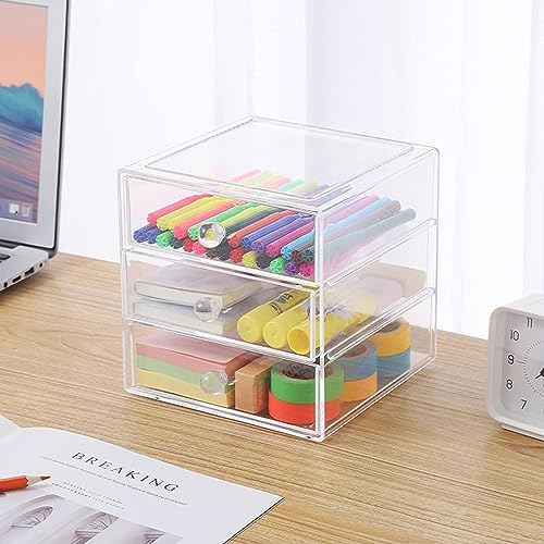 AJIODA Makeup Drawer Organizer Box with 3 Drawers, Acrylic Cosmetic Display Case Vanity Organizer Jewelry Storage Box St