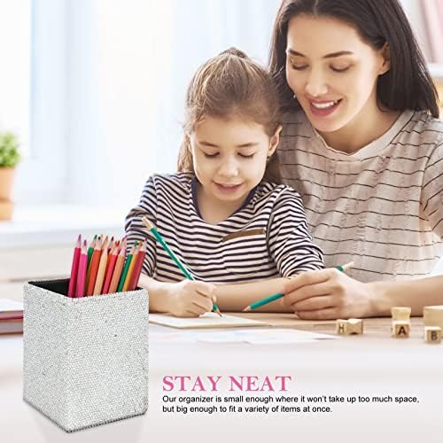 KEYPOWER Crystal Pencil Pot Holder Box Bling Rhinestone Pen Organizer Holder Cosmetic Pen Container Comb Brushes Personalized (Square White&AB Color)