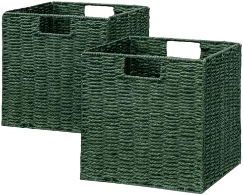 Vagusicc Wicker Storage Basket, Set of 2 Hand-Woven Paper Rope Wicker Baskets, Foldable Cube Storage Bins, Square Storag