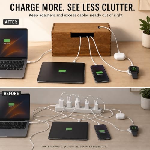 Wooden Cable Management Box, Cord Organizer for Desks, Round Edge Box for for TV Wires, Computer, Router, USB Hub and Un