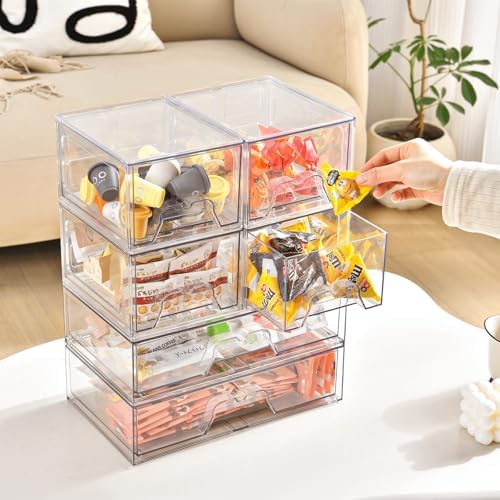 Stackable Makeup Organizer Storage Drawers Set of 6, Clear Plastic Organizer Bins for Beauty Supplies,Ideal for Vanity, 