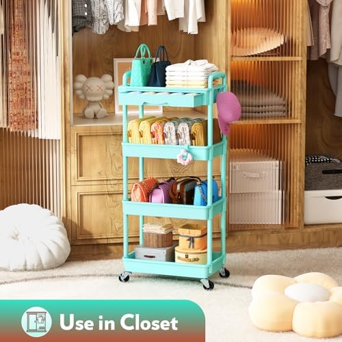 SUNALLY Makeup Cart Organizer with Drawer, 4 Tier Rolling Makeup Cart, Blue