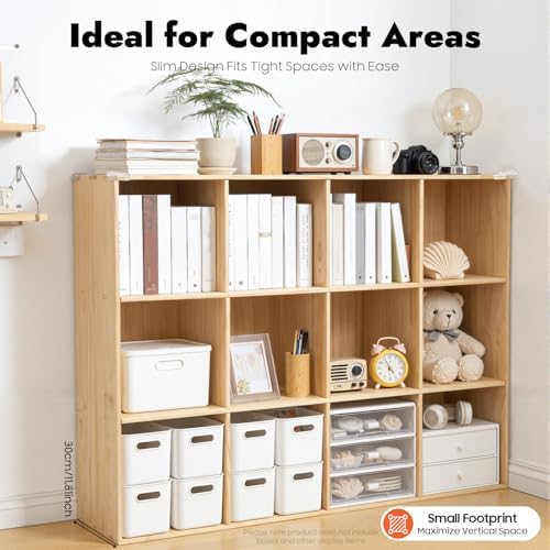 12-Cube Solid Wood Bookshelf, 3-Tier Storage Organizer Semi-Open Floor Display Shelf Closet Cabinet for Home Office Libr