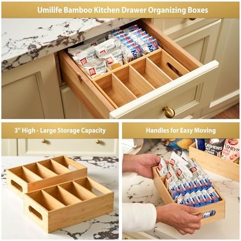 Umilife Bamboo Pantry Organizers and Storage Bins with Removable Dividers, Kitchen Drawer Cabinet Countertop Organizatio