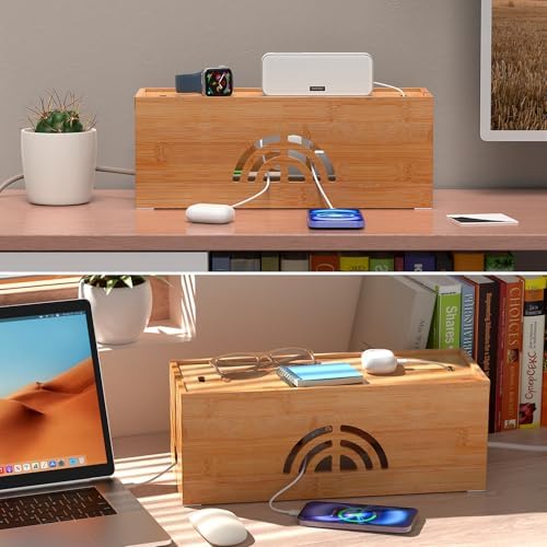 Pezin & Hulin Bamboo Cable Management Box, Power Strip Organizer, Large