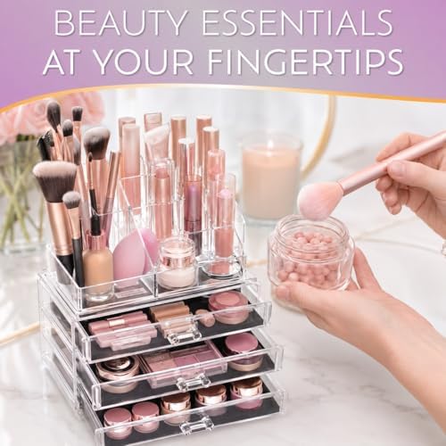 Brookstone Makeup Organizer Countertop, Cosmetic Display Case, Acrylic Makeup Storage for Vanity, Clear Make-up Organize