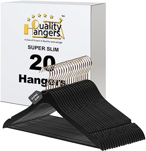 20 Luxury 16.5" Ultra Thin Space Saving Black Wooden Hangers, 360 Degree Swivel Hook, Best for Suit, Coat, Shirts, Blouses, Pant, Dress Hangers Black with Gold Hook