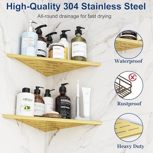Qeke 12" Corner Shower Shelves 304 Stainless Steel, Brushed Golden, 2 Pack