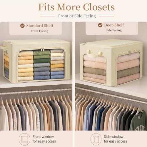 GoMaihe Clothes Storage Bins with Metal Frame for Blanket 3 Pack 66L Beige