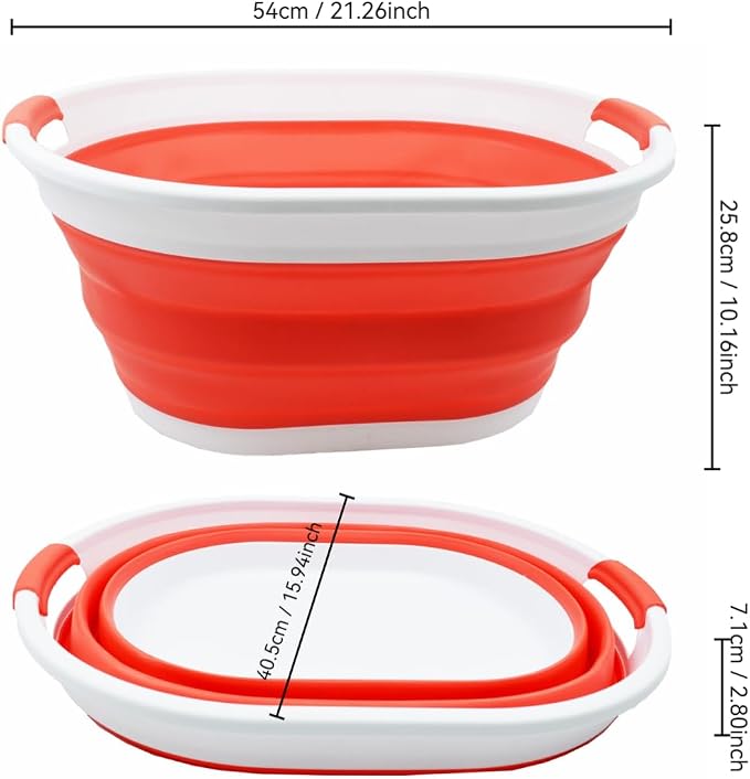 SAMMART 28L (7.4 gallon) Collapsible Plastic Laundry Basket-Oval Tub/Basket - Portable Washing Tub-Space Saving Laundry Hamper, Water capacity: 22L (5.8 gallon) (1, White/Orange Red)