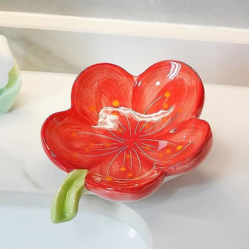 Self-Draining Soap Dish Ceramic Cute Bar Soap Holder for Countertop, Kitchen, Bathroom, Bedroom, Peach Blossom, Red