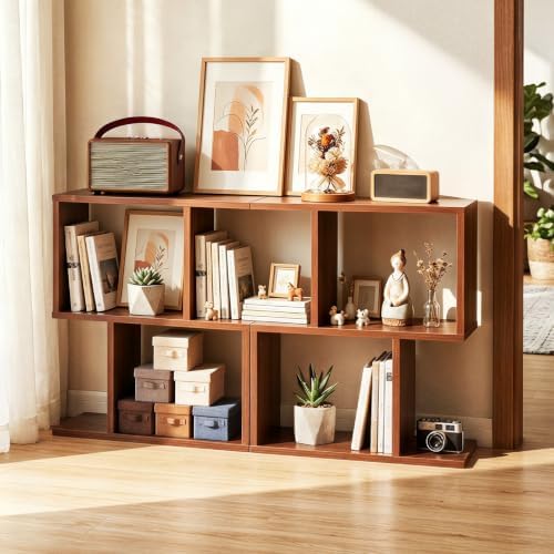 GIANTEX 3-Tier Wood S-Shaped Geometric Bookshelf Set of 2, Walnut