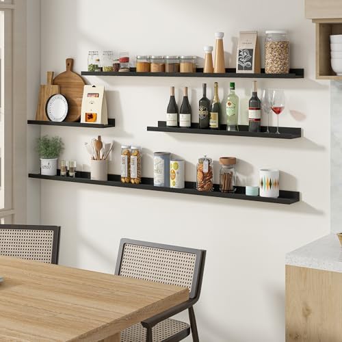 Acovy Long Floating Shelves for Wall, 48 inch Solid Wood Picture Ledge Shelf, Picture Shelf for Wall with Ledge, Floating Book Shelves for Living Room Bedroom Kitchen Nursery Decor, Black, Set of 2