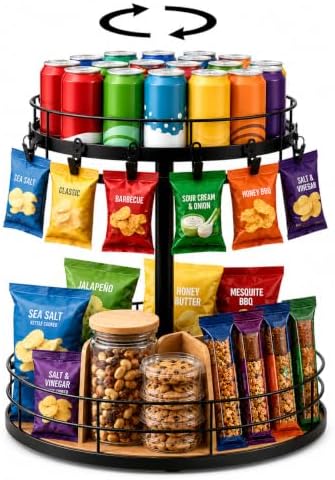 2 Tier Snack Organizer Lazy Susan with Chip Clips