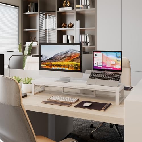 IBUYKE Large Dual Monitor Stand Riser for 2 Monitors, Wooden Desktop Computer Monitor Stand Storage Shelf and Steel Legs