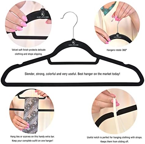 Velvet Hangers, 50 Pack, Sturdy Heavy Duty Hangers Including Tie Bar, Notches, Rounded Shoulder, Non Slip Material, and 360° Chrome Hook. (Black)