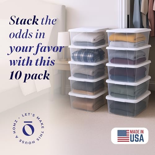 HOMZ Clear Plastic Storage Bins w/Snaplock Lids, 6 Qt, White, 10 Pack