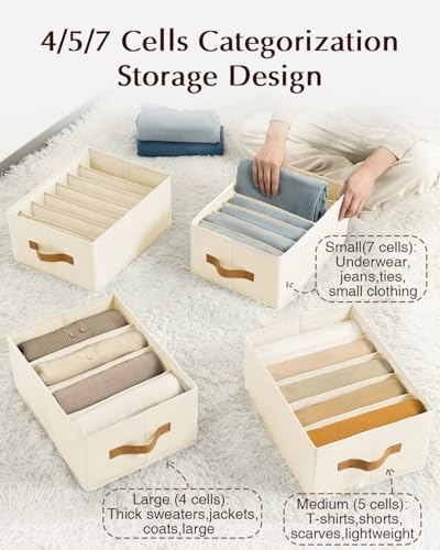 Homsorout Clothes Organizers and Storage - 4/5/7 Grids Fabric Jeans Organizer with Handles, Foldable Closet Organizers D