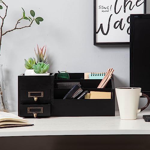 Distressed Rustic Wooden Office Desktop Organizer Wood Shelf Tabletop Home Organizer Storage with Multiple Compartments 2 Tier Drawers,perfect Jewelry storage Display Box for Desk, Vanity (Black)