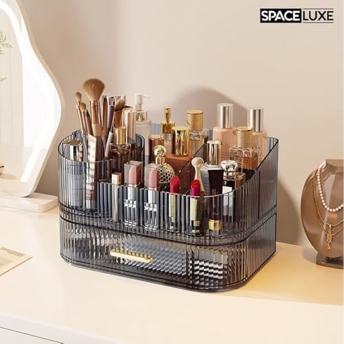 Makeup Organizer with Drawers, 360° Rotating Brush Holder