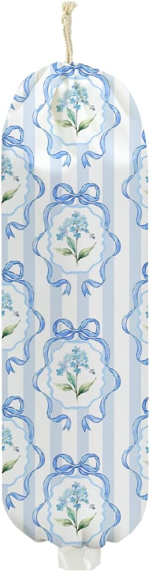 Bow Plastic Bag Holder, Wall Mount Grocery Bag Holder for Plastic Bags | Blue Stripes Reusable Grocery Bags Storage Dispenser for Home Kitchen Pantry Decor, Flower Gifts for Women Mom, 22.5x9 Inch
