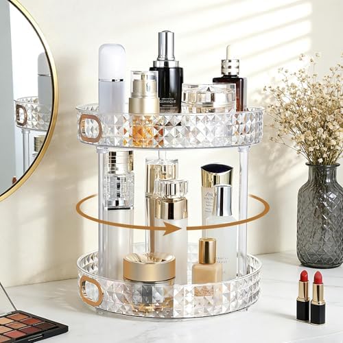 360 Rotating Makeup Organizer, 2 Tier, Diamond Pattern, Clear